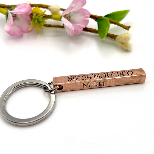 Copper Bar Keychain, Copper GPS Keyring, Copper Anniversary Gift