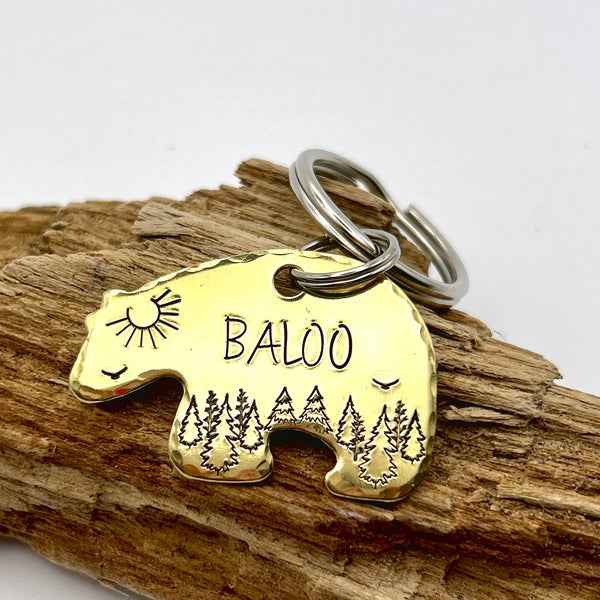 Bear Dog Tag | Hand Engraved Forest Design | Aluminum, Copper, Brass | Unique Pet Accessory