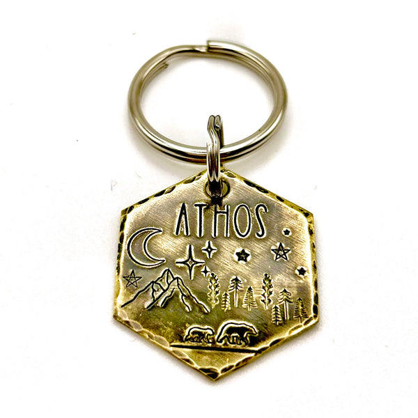 Brass Dog Tag with Mountain Scene - Hand Stamped - Personalize Front and Back