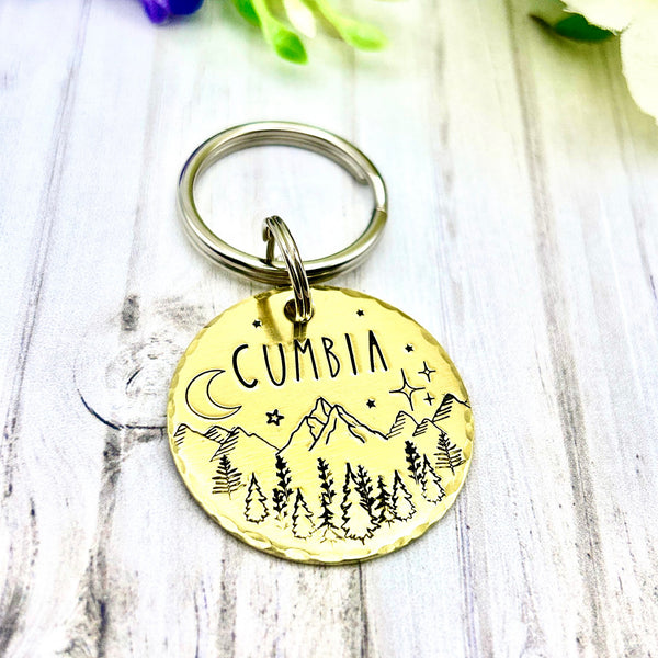 Personalized Brass Dog Tag with Mountains and Trees