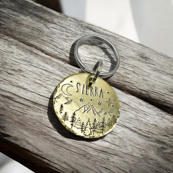 Personalized Brass Dog Tag with Mountains and Trees