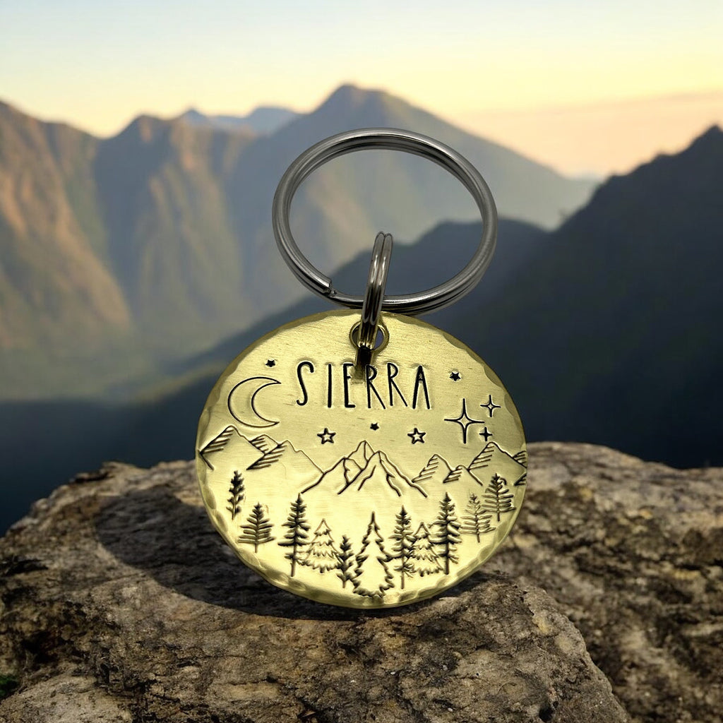 Personalized Brass Dog Tag with Mountains and Trees