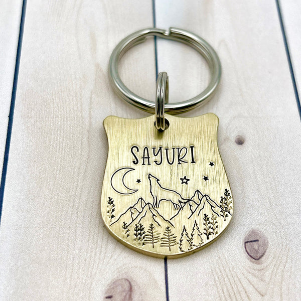 Brass Dog Tag with Wolf and Moon