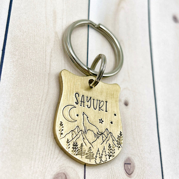 Brass Dog Tag with Wolf and Moon