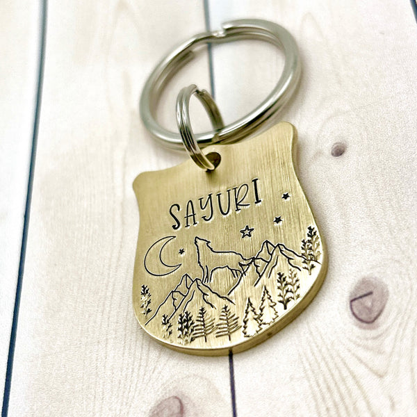 Brass Dog Tag with Wolf and Moon