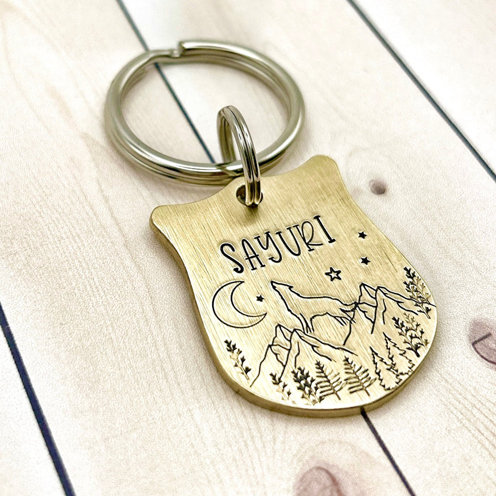 Brass Dog Tag with Wolf and Moon
