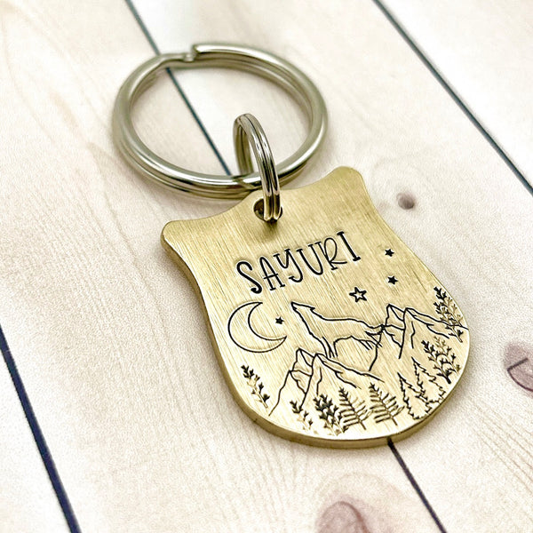 Brass Dog Tag with Wolf and Moon