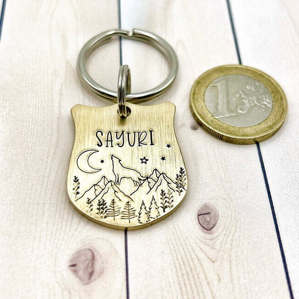 Brass Dog Tag with Wolf and Moon