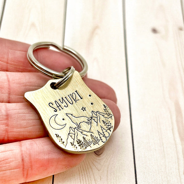 Brass Dog Tag with Wolf and Moon