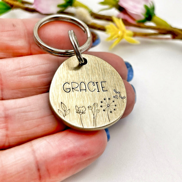 Brass Dog Tag with Flowers