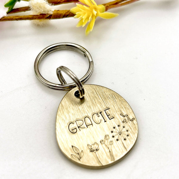 Brass Dog Tag with Flowers