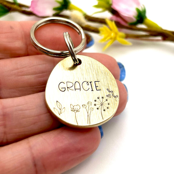 Brass Dog Tag with Flowers