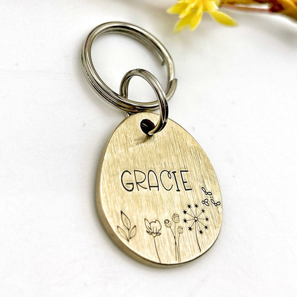 Brass Dog Tag with Flowers