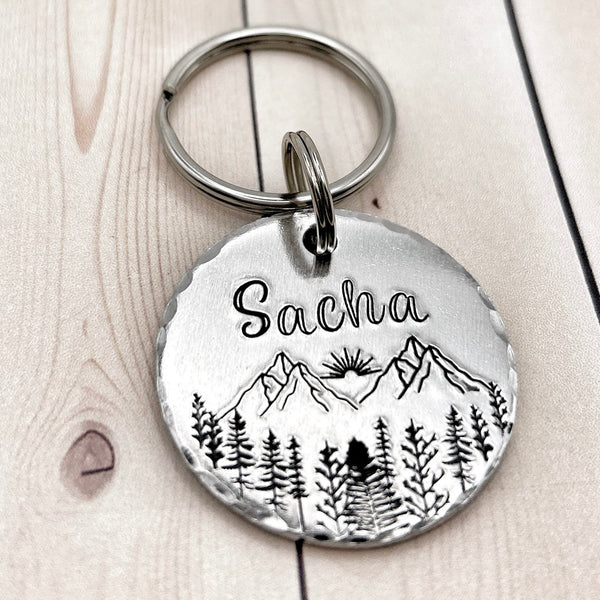 Customizable dog tag, dog tag with mountains