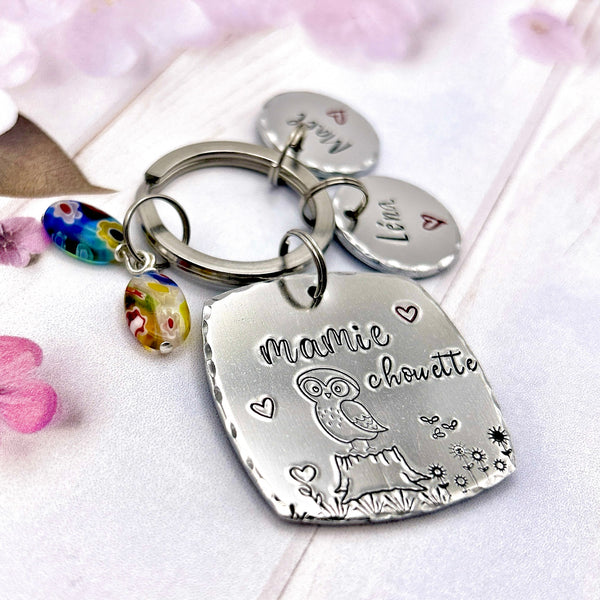 Keychain with Names, Gift for a Grandmother, Grandma Owl