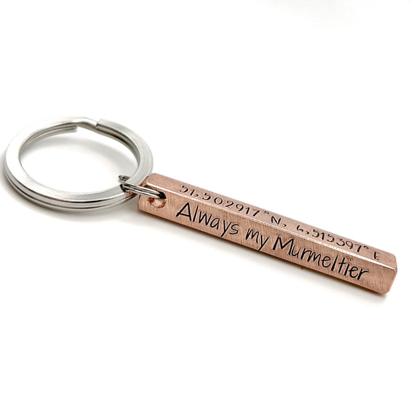 Copper Bar Keychain, Copper GPS Keyring, Copper Anniversary Gift
