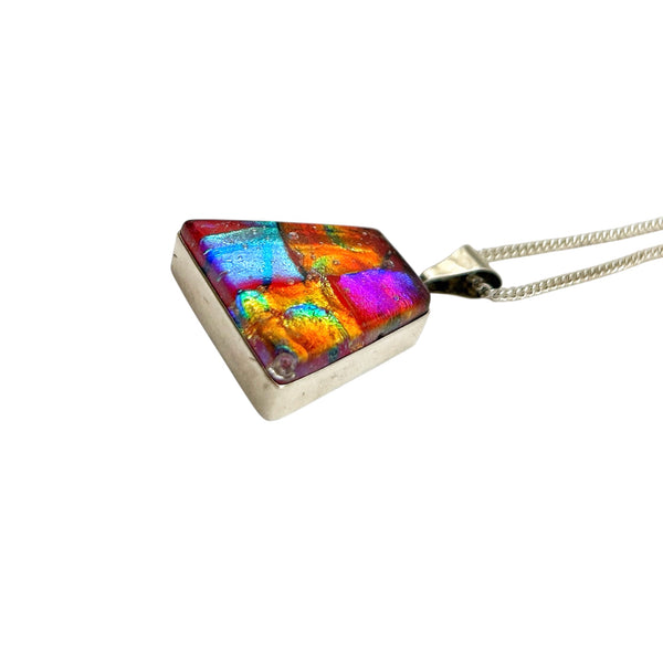 Beautiful orange and purple dichroic glass pendant