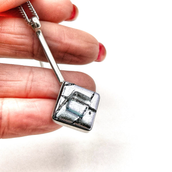 Metallic blue and silver dichroic glass pendant