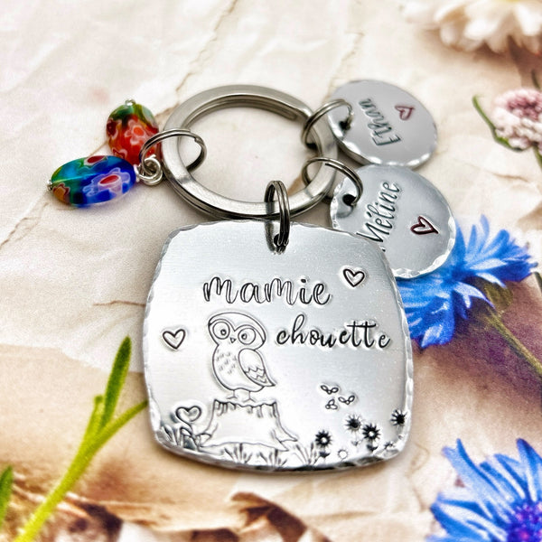 Keychain with Names, Gift for a Grandmother, Grandma Owl