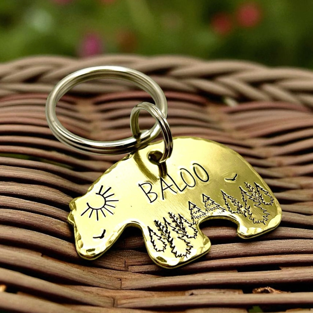 Bear Dog Tag | Hand Engraved Forest Design | Aluminum, Copper, Brass | Unique Pet Accessory