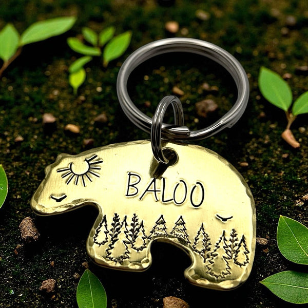 Bear Dog Tag | Hand Engraved Forest Design | Aluminum, Copper, Brass | Unique Pet Accessory