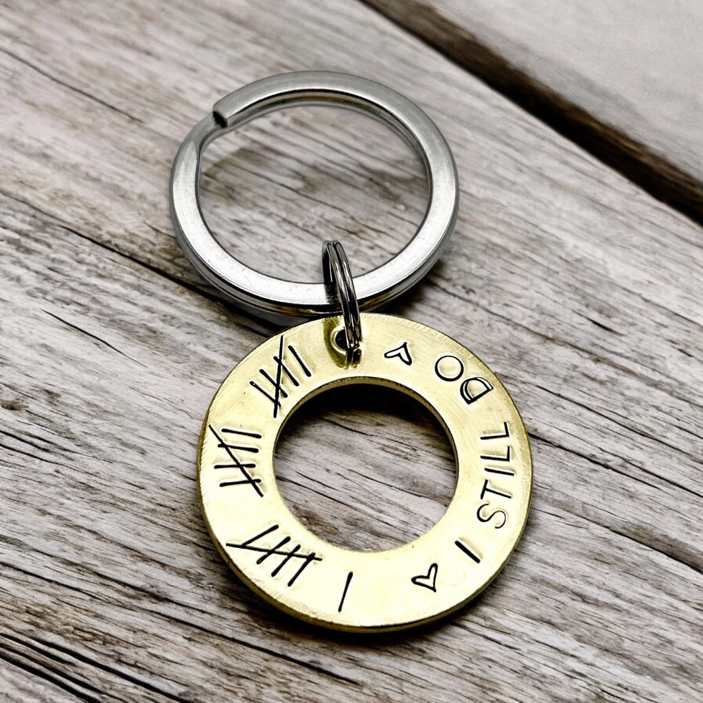 Brass Keyring – “I Still Do” – Copper Anniversary Gift with Tally Marks