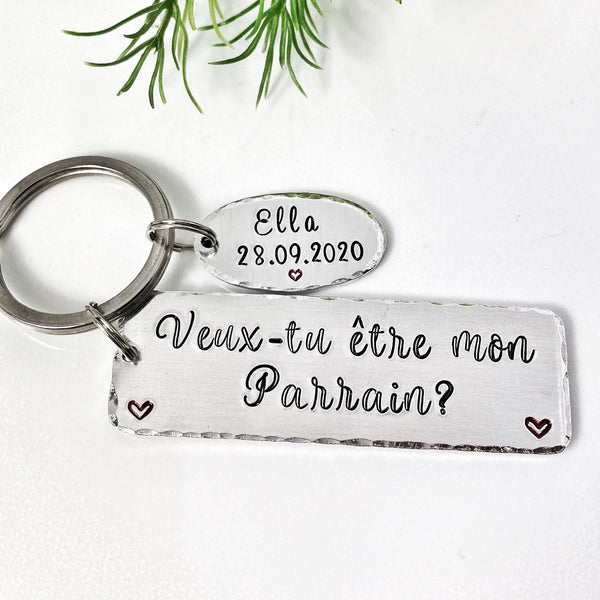 Parrain Porte Clé, Hand Stamped Veux-tu être mon Parrain?, French Keyring for Godfather, Demande Parrain