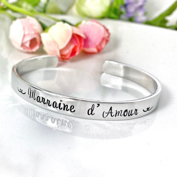 Marraine d'Amour, Personalised Cuff Bangle, Custom Metal Cuff, Stamped Skinny Cuff, Hand Stamped Message Bangle, Godmother Cuff Bracelet