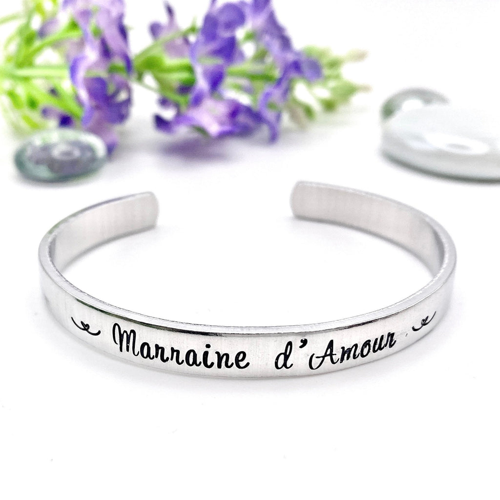 Marraine d'Amour, Personalised Cuff Bangle, Custom Metal Cuff, Stamped Skinny Cuff, Hand Stamped Message Bangle, Godmother Cuff Bracelet