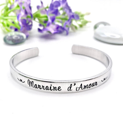 Marraine d'Amour, Personalised Cuff Bangle, Custom Metal Cuff, Stamped Skinny Cuff, Hand Stamped Message Bangle, Godmother Cuff Bracelet