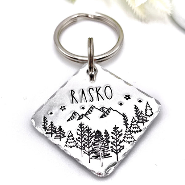 Hand Stamped Hexagonal Dog Tag β Forest & Mountain Design β Brass, Copper or Aluminium Pet Tag