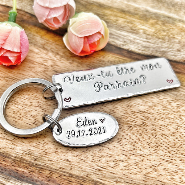 Parrain Porte Clé, Hand Stamped Veux-tu être mon Parrain?, French Keyring for Godfather, Demande Parrain
