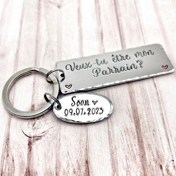 Parrain Porte Clé, Hand Stamped Veux-tu être mon Parrain?, French Keyring for Godfather, Demande Parrain