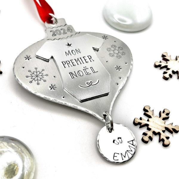 French Personalized Christmas Tree Ornament , First Christmas Ornament , Custom Tree Decoration, Stamped Tree Decoration