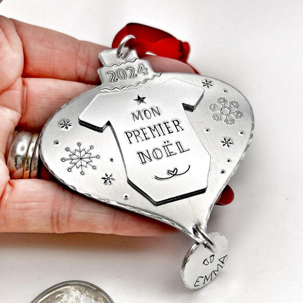 French Personalized Christmas Tree Ornament , First Christmas Ornament , Custom Tree Decoration, Stamped Tree Decoration