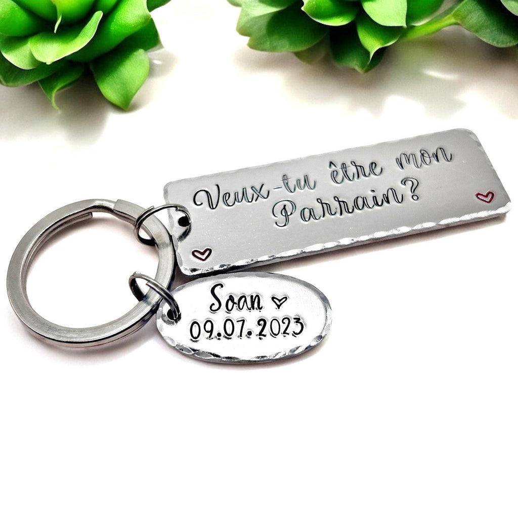Parrain Porte Clé, Hand Stamped Veux-tu être mon Parrain?, French Keyring for Godfather, Demande Parrain