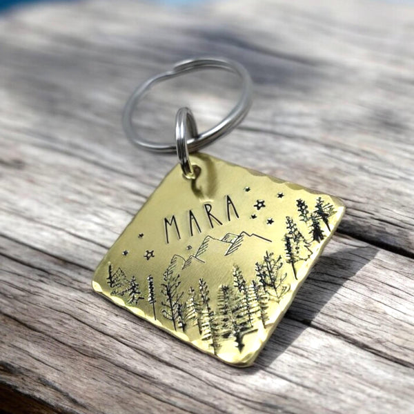 Hand Stamped Hexagonal Dog Tag β Forest & Mountain Design β Brass, Copper or Aluminium Pet Tag