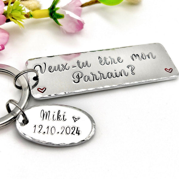 Parrain Porte Clé, Hand Stamped Veux-tu être mon Parrain?, French Keyring for Godfather, Demande Parrain