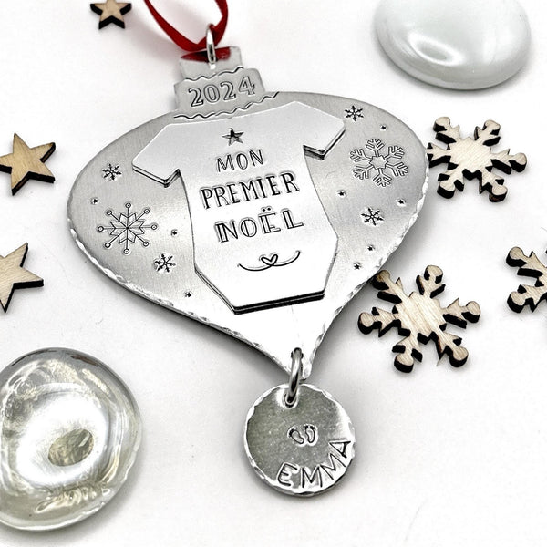 French Personalized Christmas Tree Ornament , First Christmas Ornament , Custom Tree Decoration, Stamped Tree Decoration