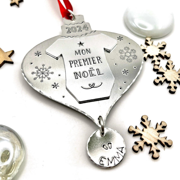 French Personalized Christmas Tree Ornament , First Christmas Ornament , Custom Tree Decoration, Stamped Tree Decoration