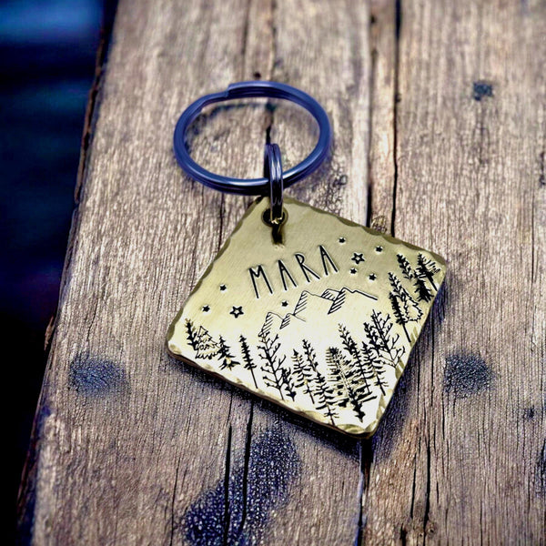 Hand Stamped Hexagonal Dog Tag β Forest & Mountain Design β Brass, Copper or Aluminium Pet Tag