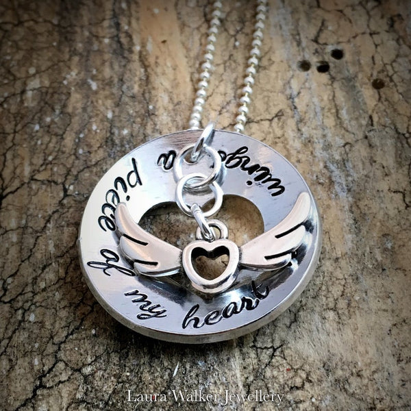 Hand Stamped Memorial Necklace ' A piece of my heart has wings'