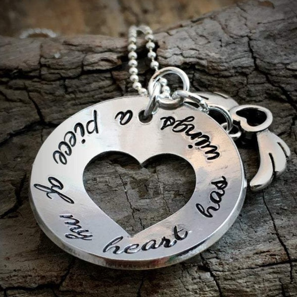 Hand Stamped Memorial Necklace ' A piece of my heart has wings'