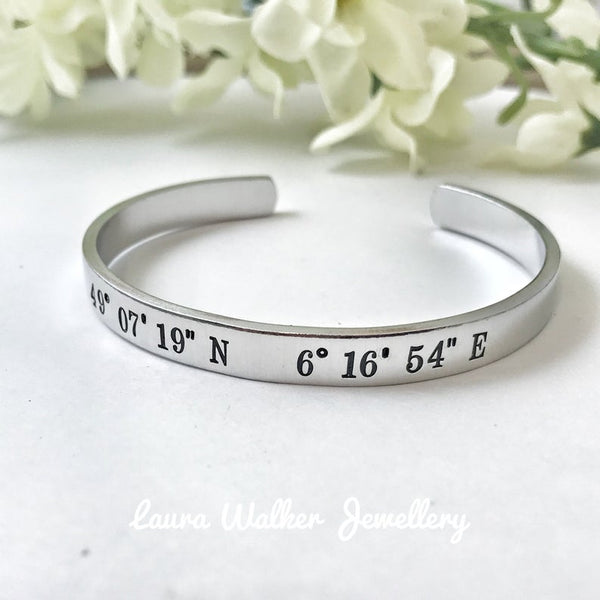 GPS Bangle Bracelet, Engraved GPS Coordinates Bracelet