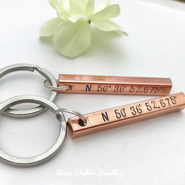 Copper Bar Keychain, Copper GPS Keyring, Copper Anniversary Gift