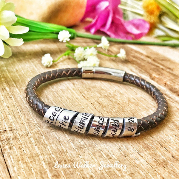 Mens Scroll Bracelet, Mens Secret Message Leather Bracelet