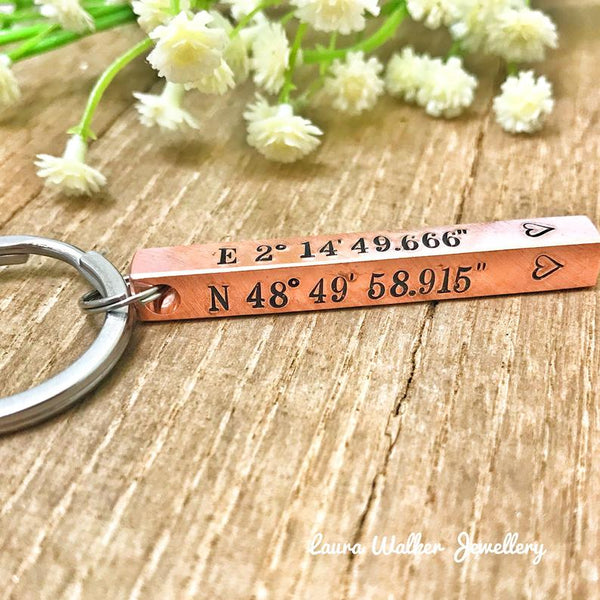 Copper Bar Keychain, Copper GPS Keyring, Copper Anniversary Gift