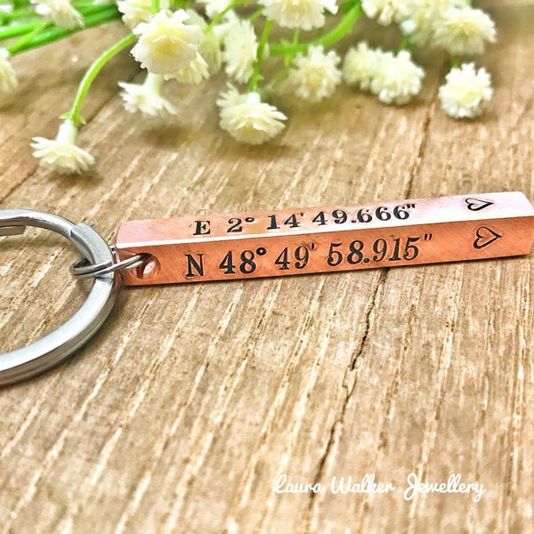 Copper GPS Bar Keychain, Copper Gift, Husband Keychain