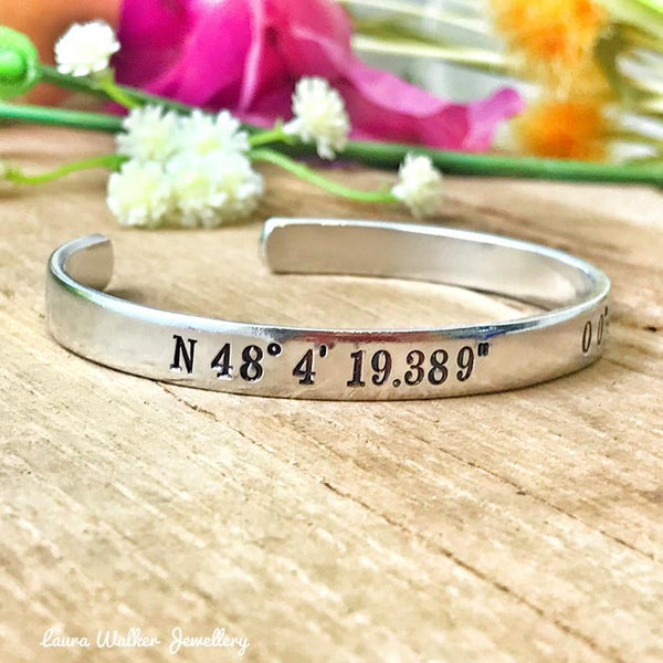 GPS Bangle Bracelet, Engraved GPS Coordinates Bracelet