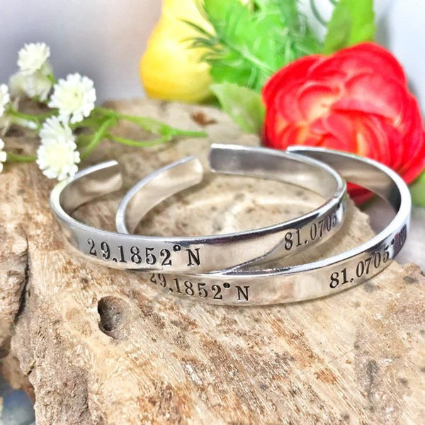 GPS Bangle Bracelet, Engraved GPS Coordinates Bracelet
